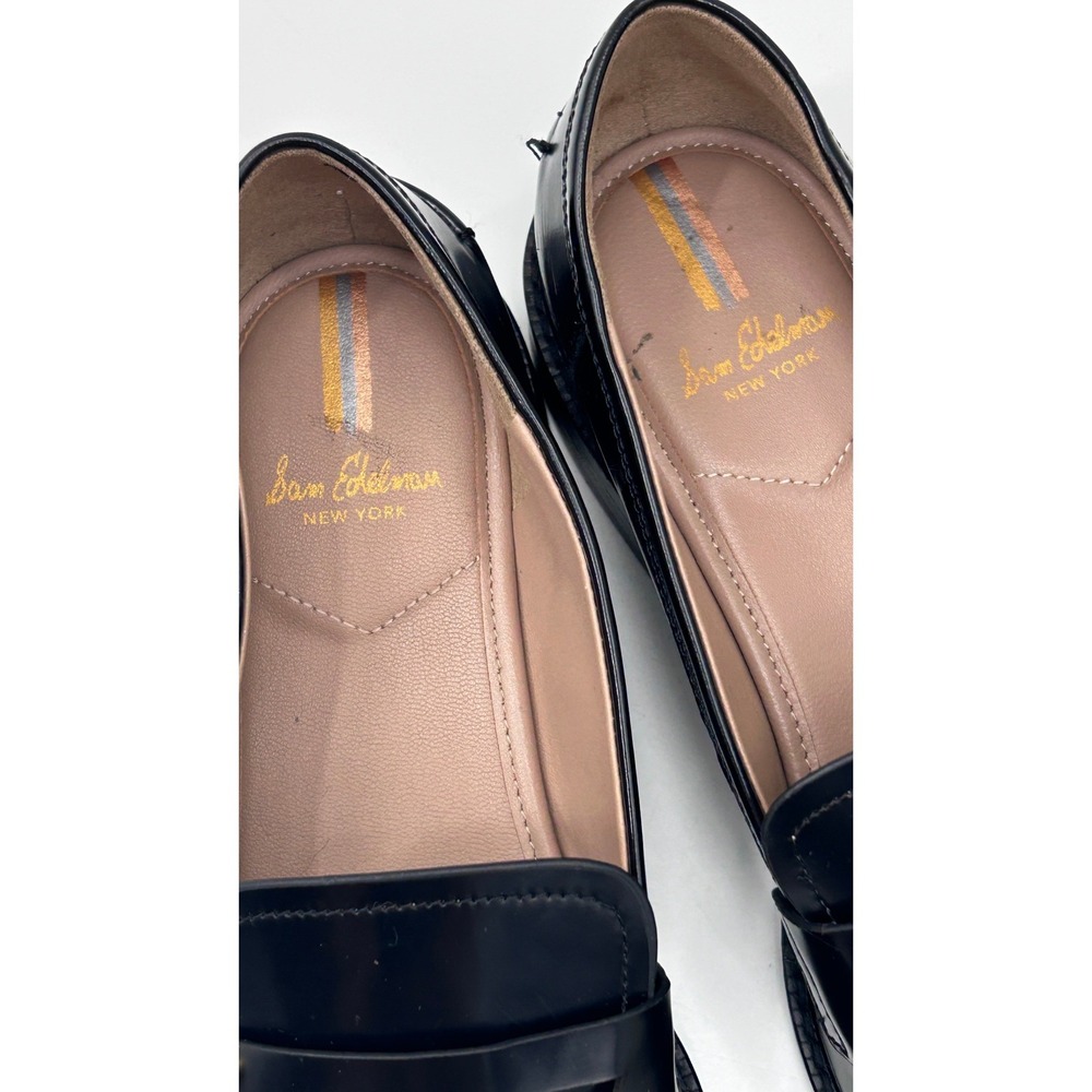 Sam Edelman Loraine Black Leather Penny Loafers Gold Logo Charm Womens Shoes - Picture 7 of 9